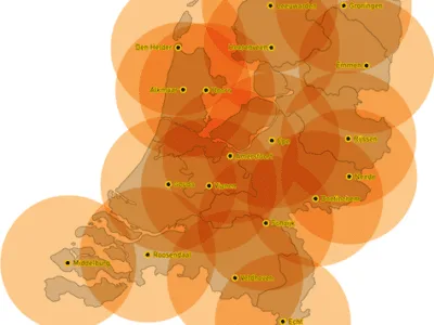 Het bereik van de diverse vestigingen van de deelnemers van Kraanverhuur Nederland